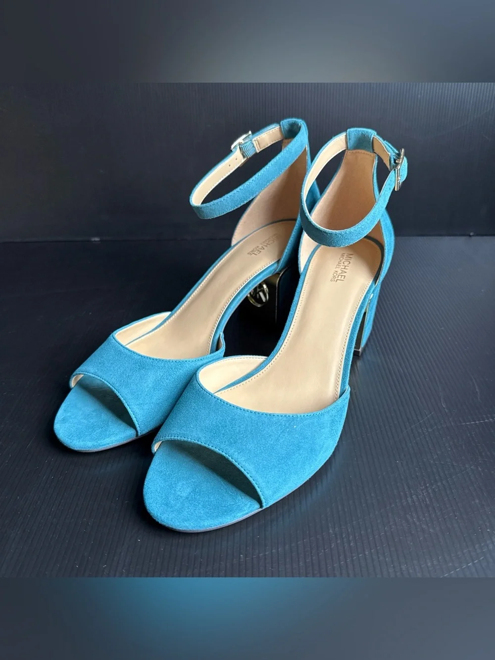 NIB Michael Kors Dark Cyan Suede Lana Mid Strappy Heels Shoes Women’s Size 10
